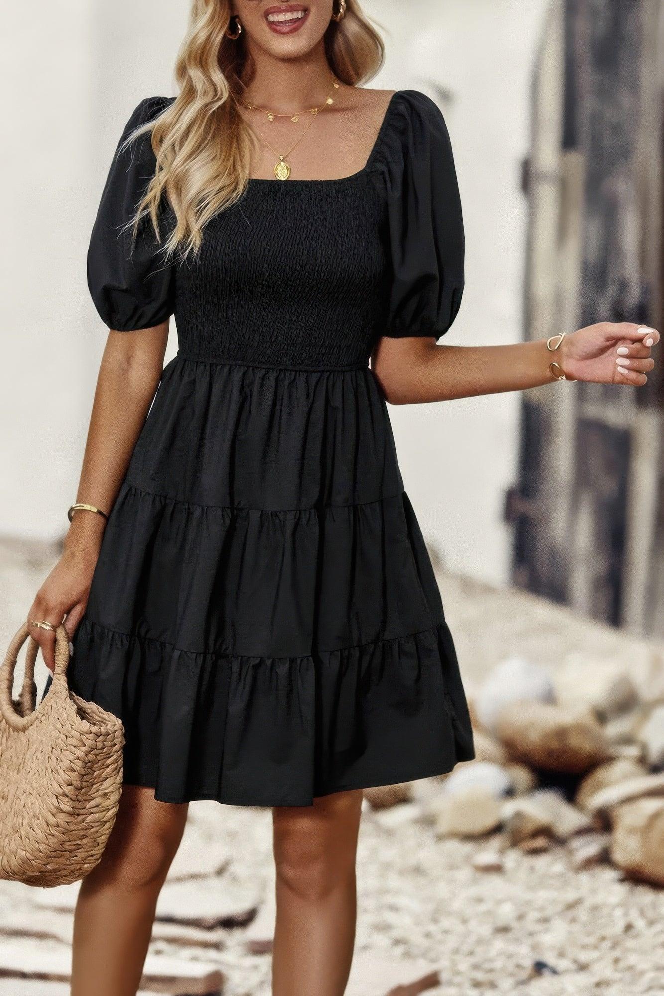 Square Neck Ruched Balloon Sleeve Smocked Midi Dress | Mixtshop LLC