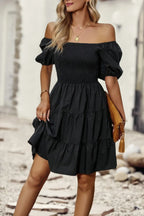 Square Neck Ruched Balloon Sleeve Smocked Midi Dress | Mixtshop LLC