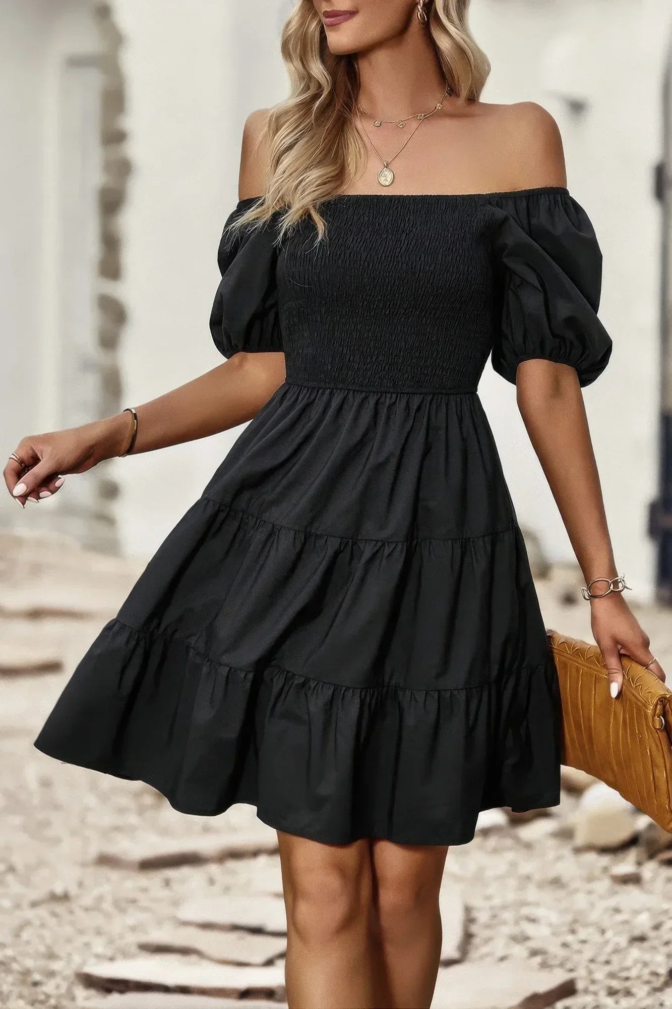 Square Neck Ruched Balloon Sleeve Smocked Midi Dress | Mixtshop LLC