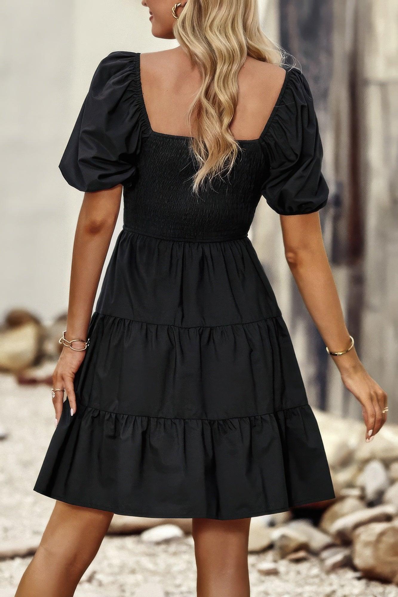 Square Neck Ruched Balloon Sleeve Smocked Midi Dress | Mixtshop LLC