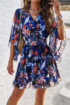 Floral V Neck Waist Tie Ruffle Hem Wrap Dress | Mixtshop LLC