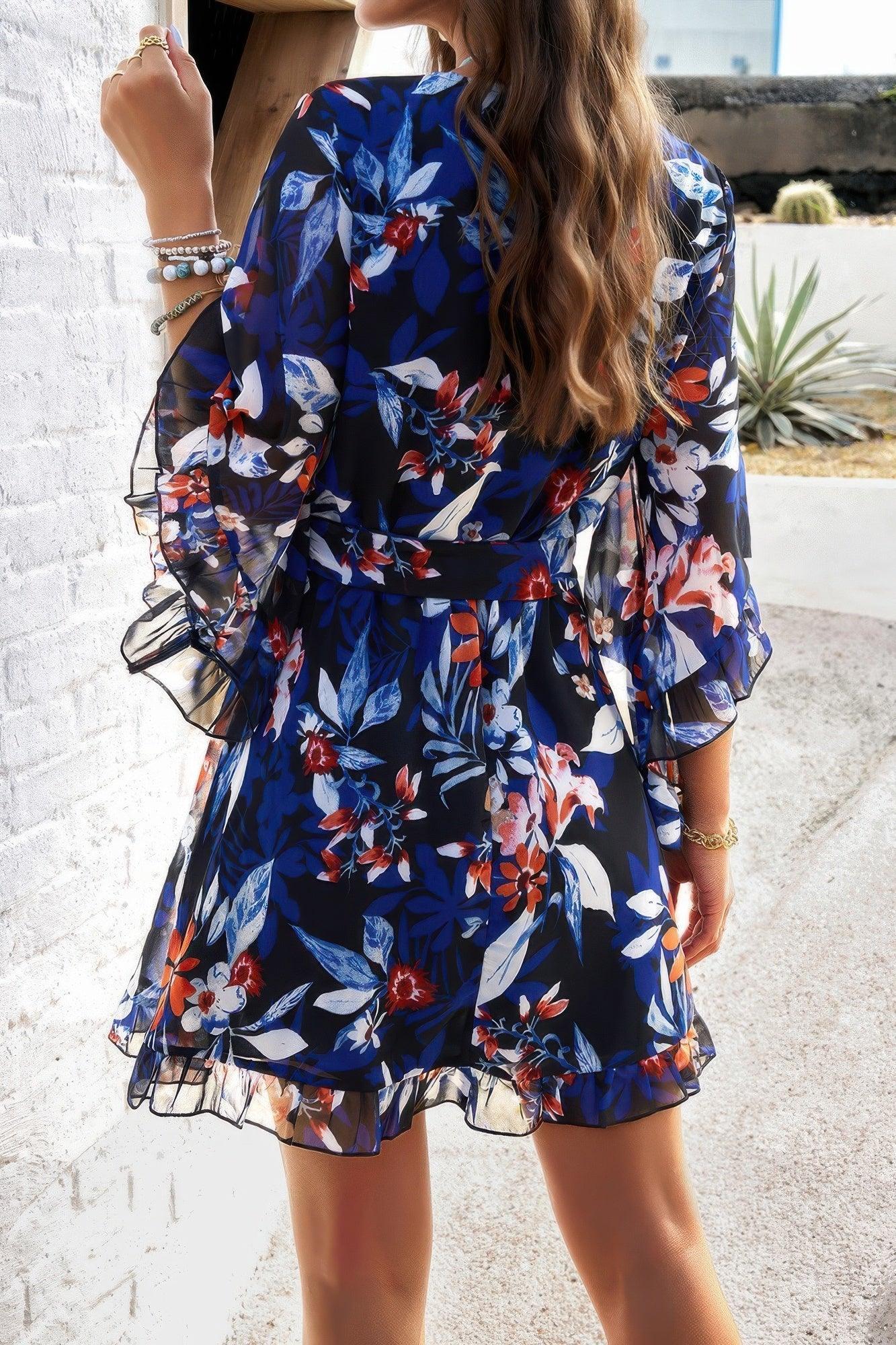 Floral V Neck Waist Tie Ruffle Hem Wrap Dress | Mixtshop LLC