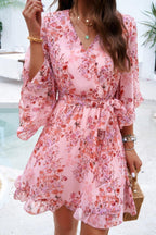 Floral V Neck Waist Tie Ruffle Hem Wrap Dress | Mixtshop LLC