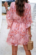 Floral V Neck Waist Tie Ruffle Hem Wrap Dress | Mixtshop LLC