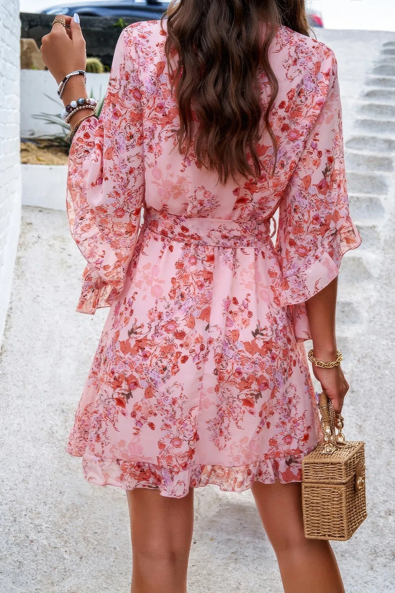 Floral V Neck Waist Tie Ruffle Hem Wrap Dress | Mixtshop LLC