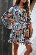 Floral V Neck Waist Tie Ruffle Hem Wrap Dress | Mixtshop LLC