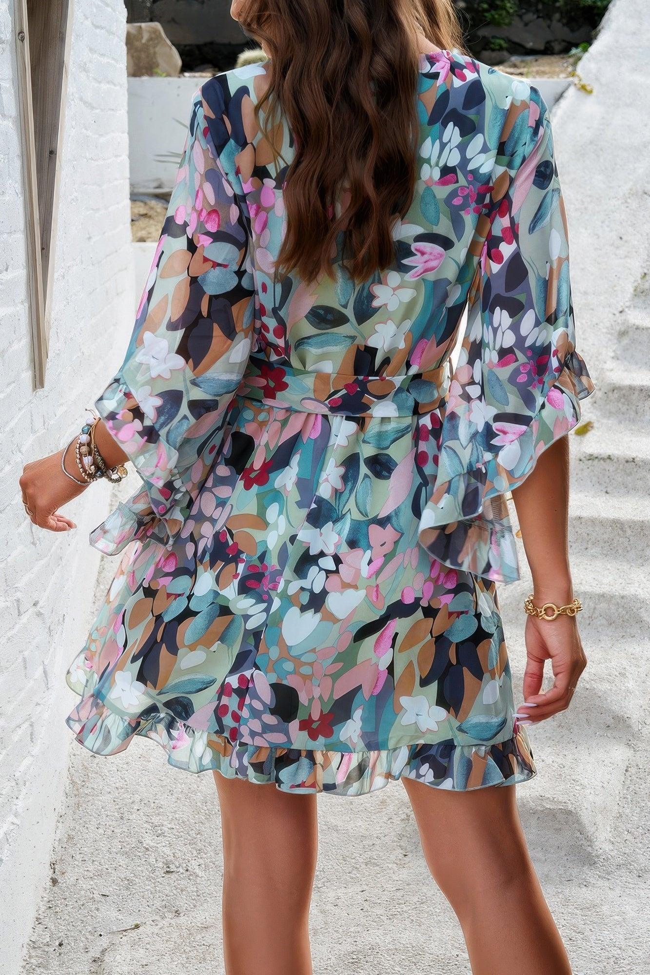 Floral V Neck Waist Tie Ruffle Hem Wrap Dress | Mixtshop LLC