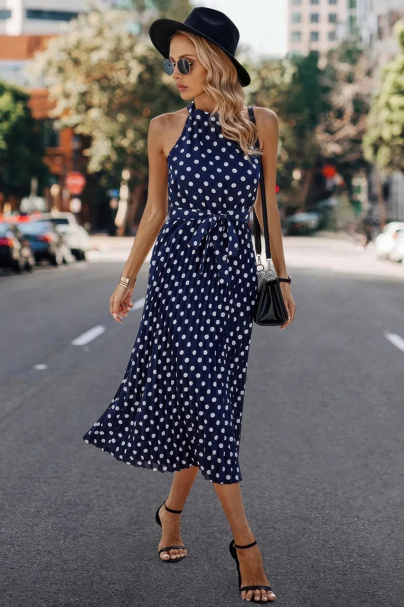 Dot Print Open Shoulder Fit Knot Belt Dress Secondary image