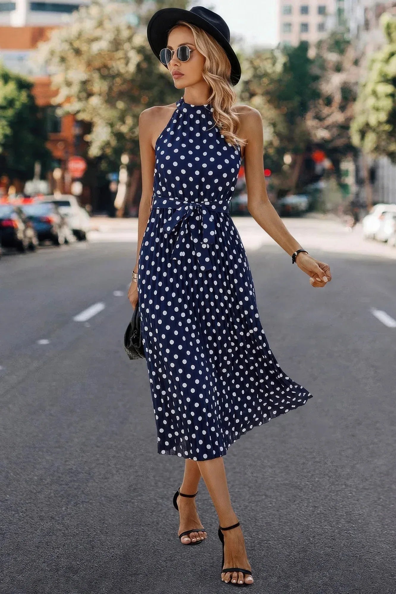 Dot Print Open Shoulder Fit Knot Belt Dress | Mixtshop LLC
