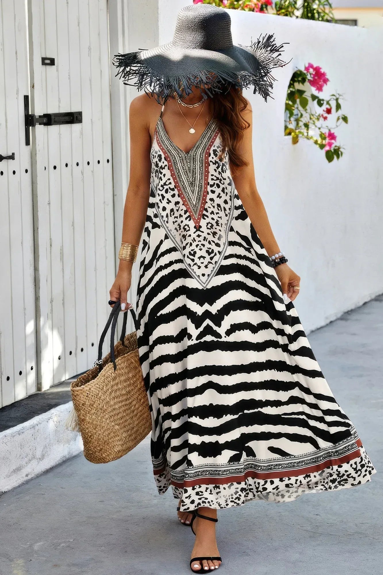 Animal Print Halter Deep V Ruffle Maxi Dress | Mixtshop LLC