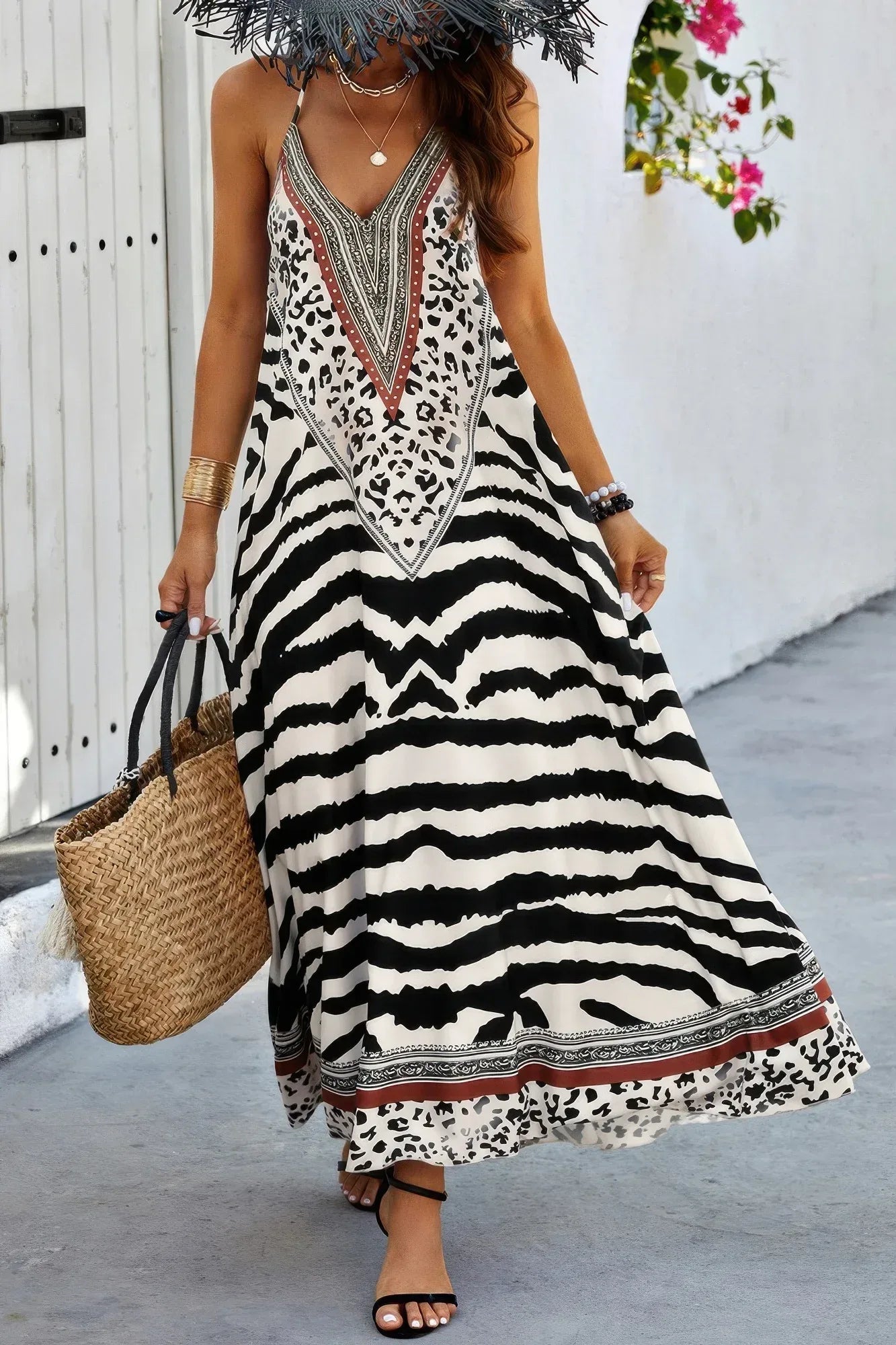 Animal Print Halter Deep V Ruffle Maxi Dress Secondary image