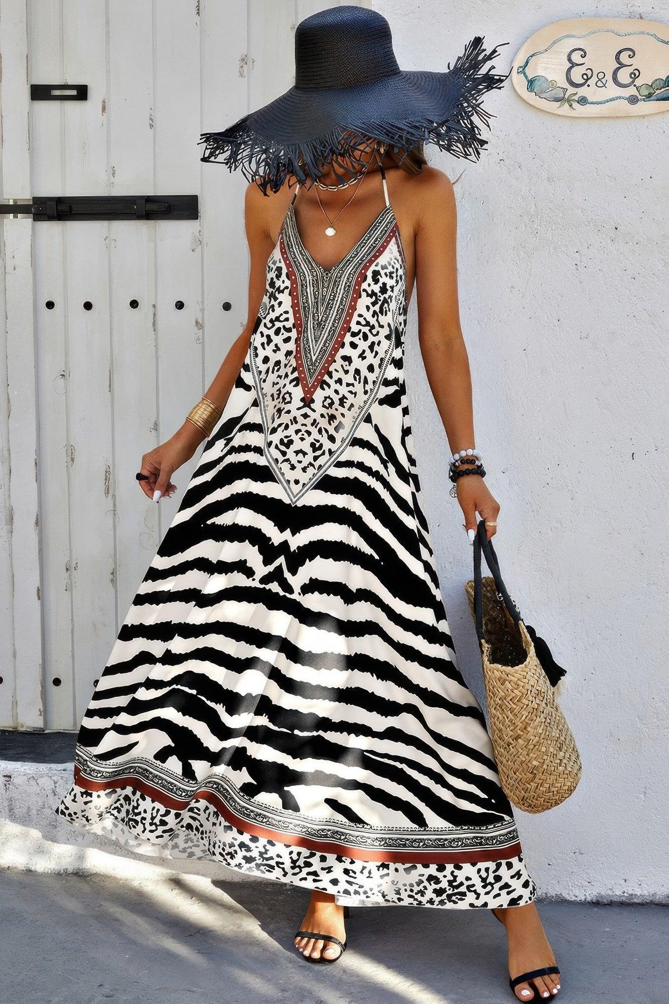 Animal Print Halter Deep V Ruffle Maxi Dress | Mixtshop LLC