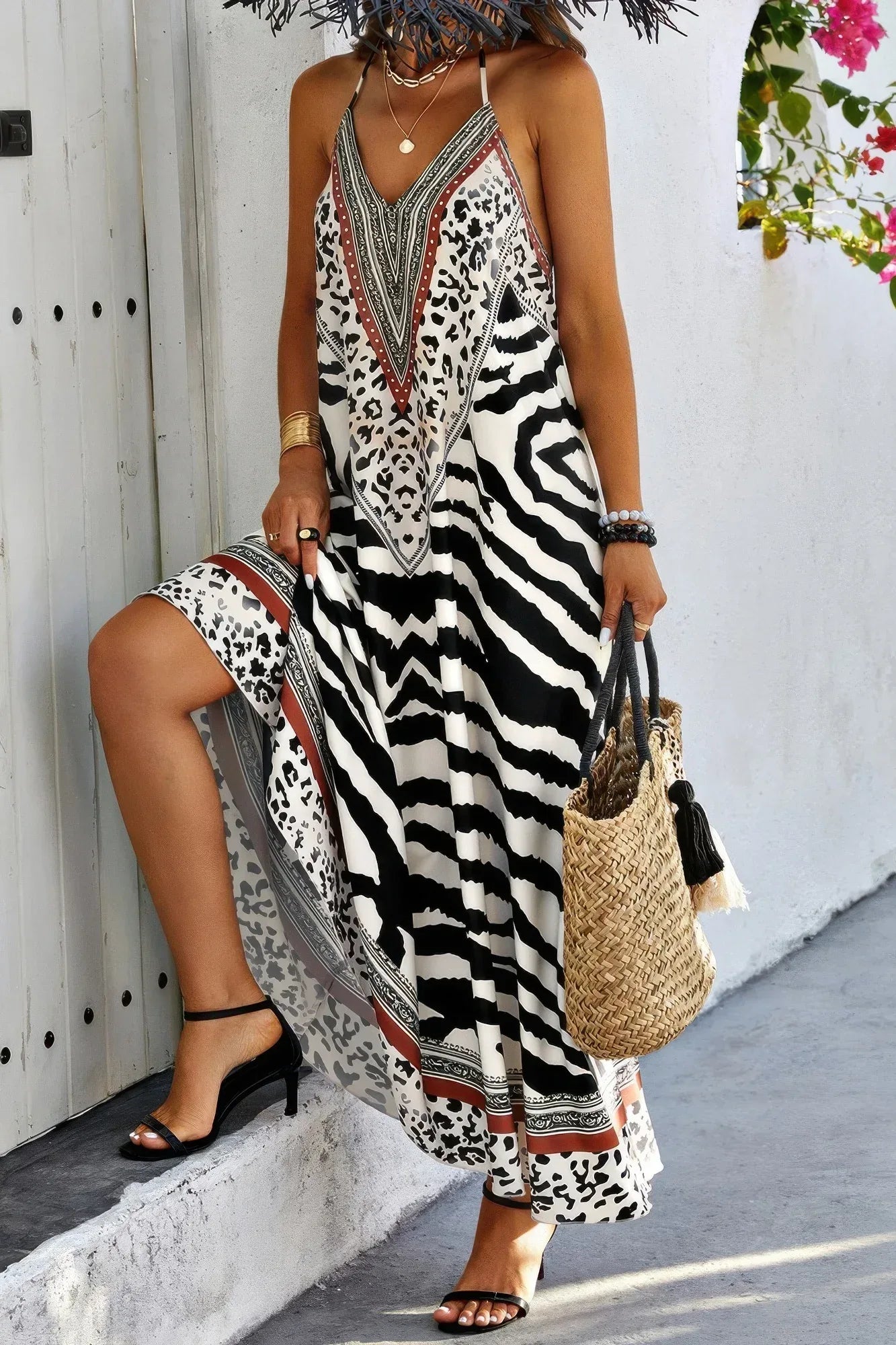 Animal Print Halter Deep V Ruffle Maxi Dress | Mixtshop LLC