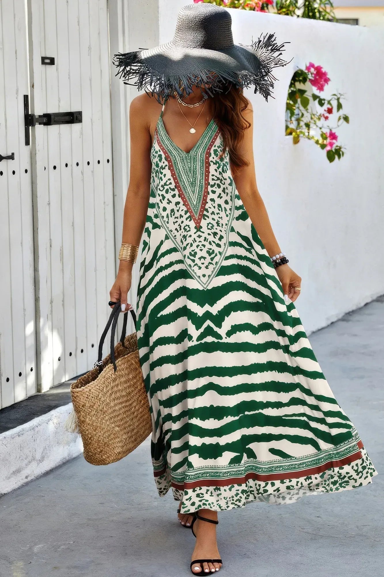 Animal Print Halter Deep V Ruffle Maxi Dress | Mixtshop LLC