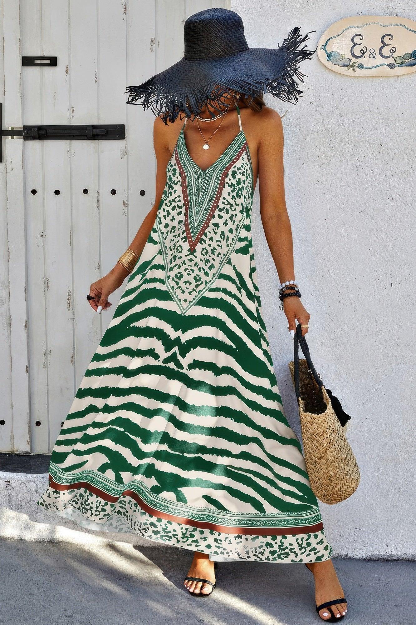 Animal Print Halter Deep V Ruffle Maxi Dress | Mixtshop LLC