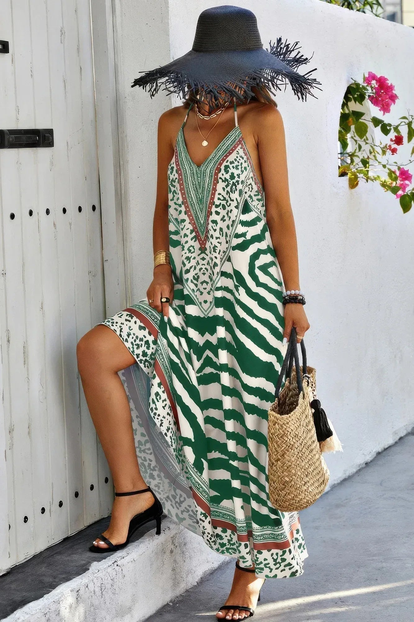 Animal Print Halter Deep V Ruffle Maxi Dress | Mixtshop LLC