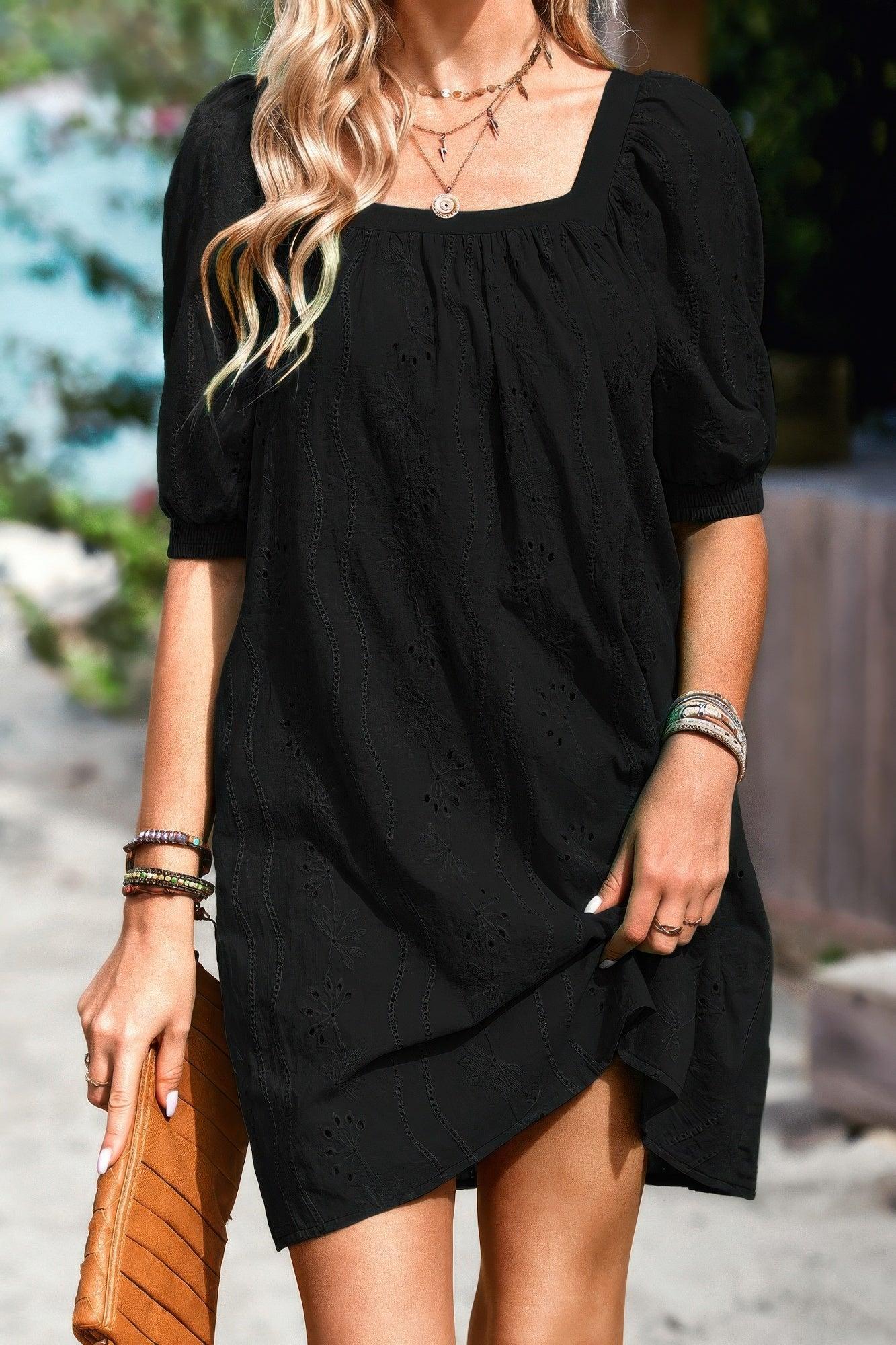 Square Neck Short Bubble Sleeve Babydoll Dress | Mixtshop LLC