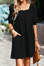 Square Neck Short Bubble Sleeve Babydoll Dress | Mixtshop LLC