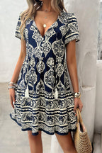 Deep V Neck Allover Print Ruffle Tassel Dress | Mixtshop LLC