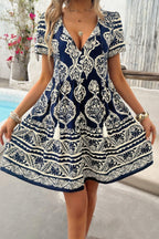 Deep V Neck Allover Print Ruffle Tassel Dress | Mixtshop LLC