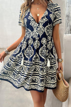 Deep V Neck Allover Print Ruffle Tassel Dress | Mixtshop LLC
