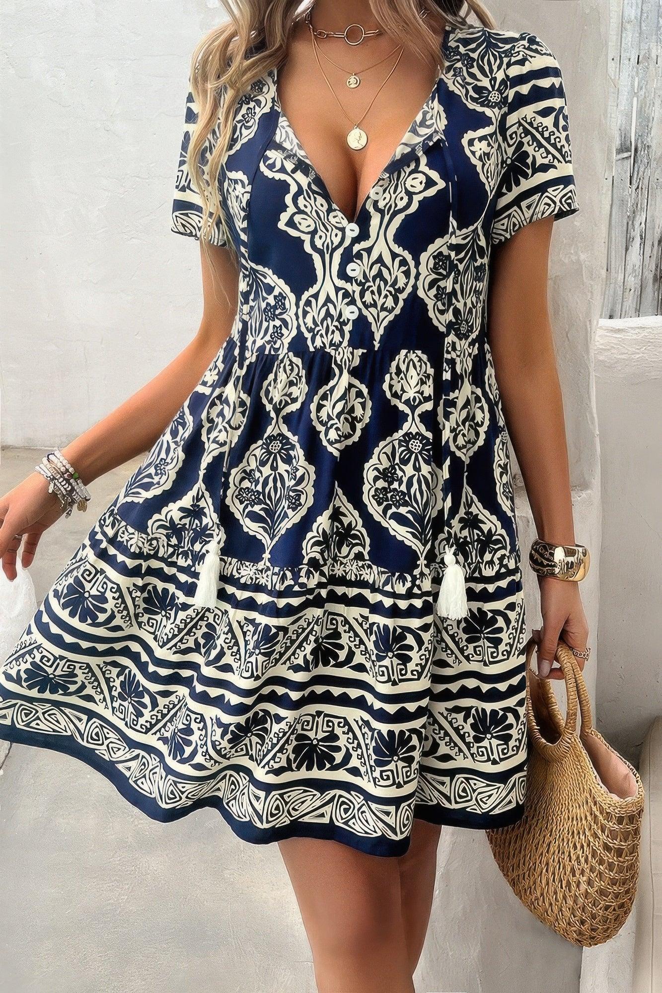 Deep V Neck Allover Print Ruffle Tassel Dress | Mixtshop LLC