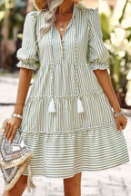 Strip V Neck Button Puff Sleeves High Waist Dress | Mixtshop LLC