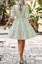 Strip V Neck Button Puff Sleeves High Waist Dress | Mixtshop LLC