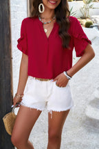 V Neck Ruffle Sleeve Flowy Loose Shirt | Mixtshop LLC