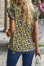 Floral Pleated V Neck Flutter Sleeve Pullover Top | Mixtshop LLC