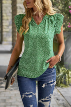 Floral Pleated V Neck Flutter Sleeve Pullover Top | Mixtshop LLC
