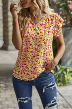 Floral Pleated V Neck Flutter Sleeve Pullover Top | Mixtshop LLC