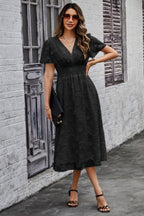 Deep V Ruched Elastic Belt Smocked Midi Dress | Mixtshop LLC