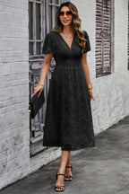 Deep V Ruched Elastic Belt Smocked Midi Dress | Mixtshop LLC