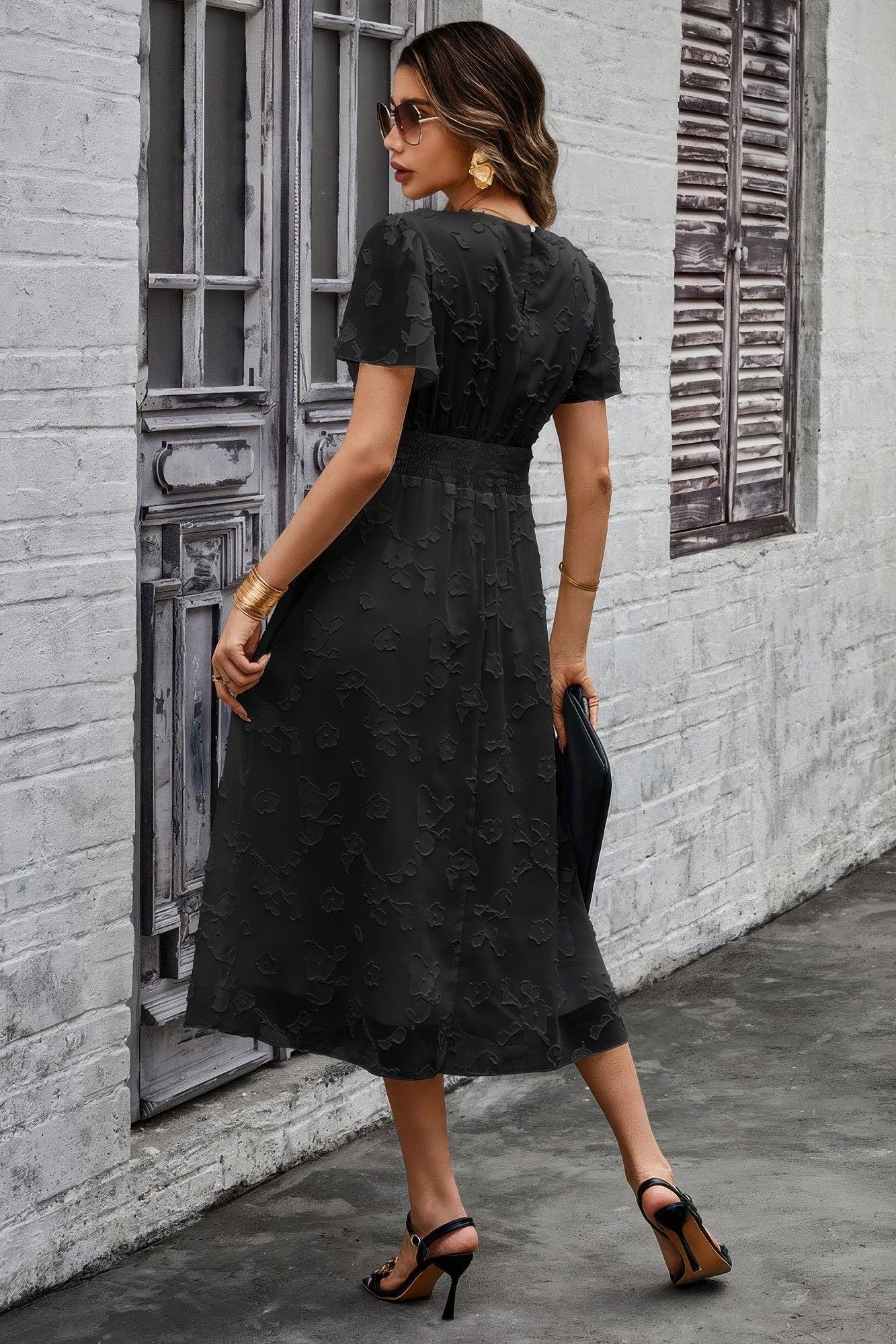 Deep V Ruched Elastic Belt Smocked Midi Dress | Mixtshop LLC