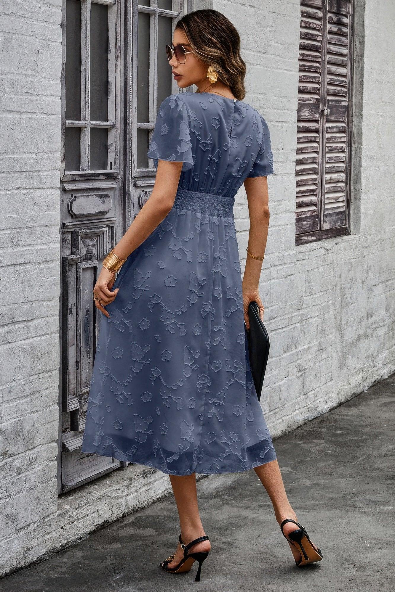 Deep V Ruched Elastic Belt Smocked Midi Dress | Mixtshop LLC