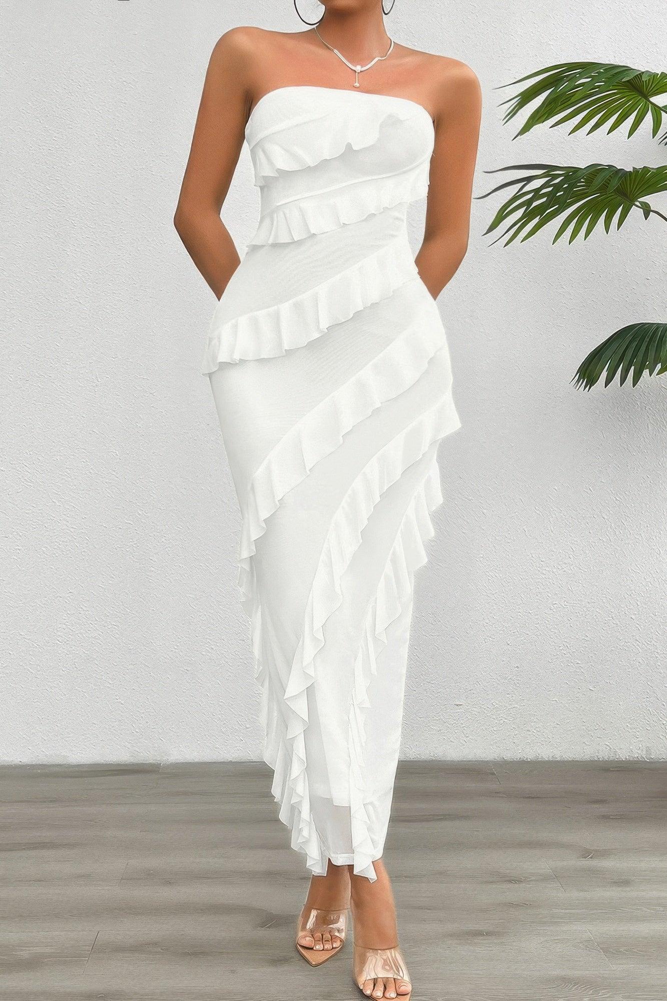 Solid Off Shoulder Ruffle Sleeveless Maxi Dress | Mixtshop LLC