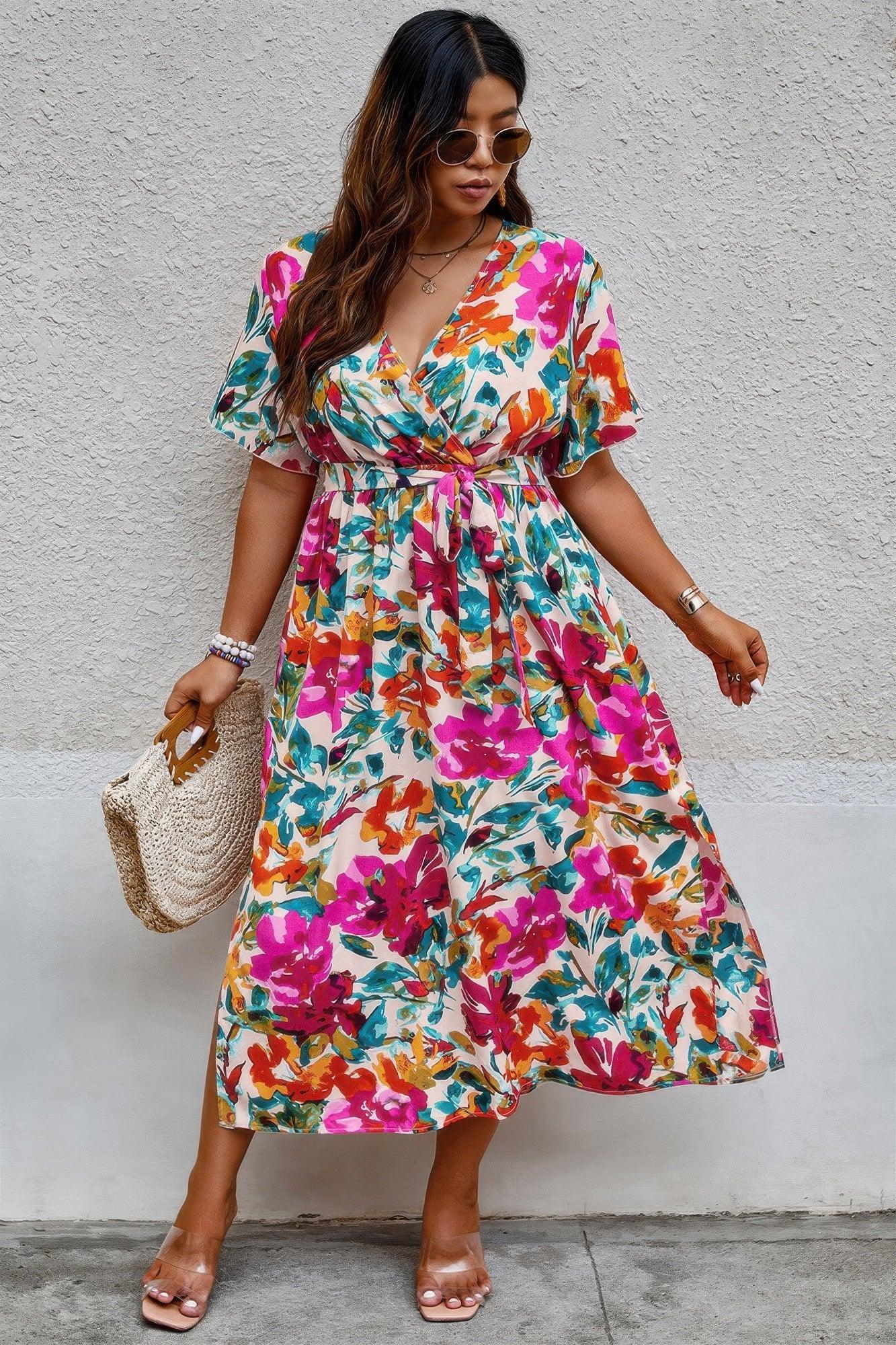 Plus Size Floral Print Cross Belt Fit Dress | Mixtshop LLC