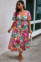 Plus Size Floral Print Cross Belt Fit Dress | Mixtshop LLC