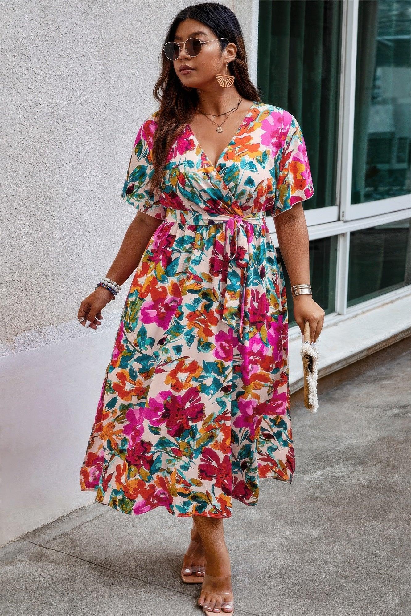 Plus Size Floral Print Cross Belt Fit Dress | Mixtshop LLC