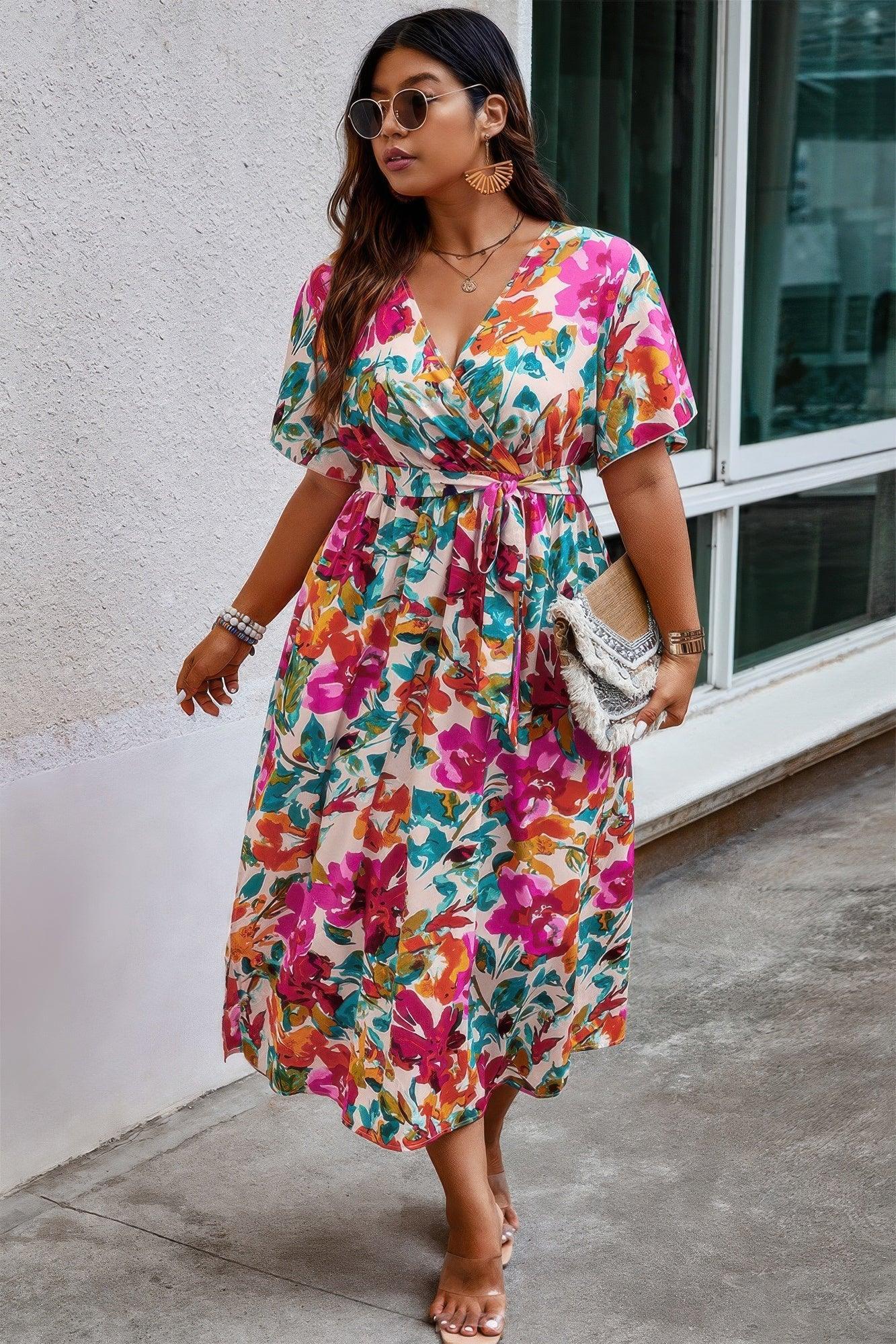 Plus Size Floral Print Cross Belt Fit Dress | Mixtshop LLC