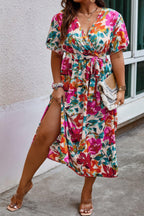 Plus Size Floral Print Cross Belt Fit Dress | Mixtshop LLC