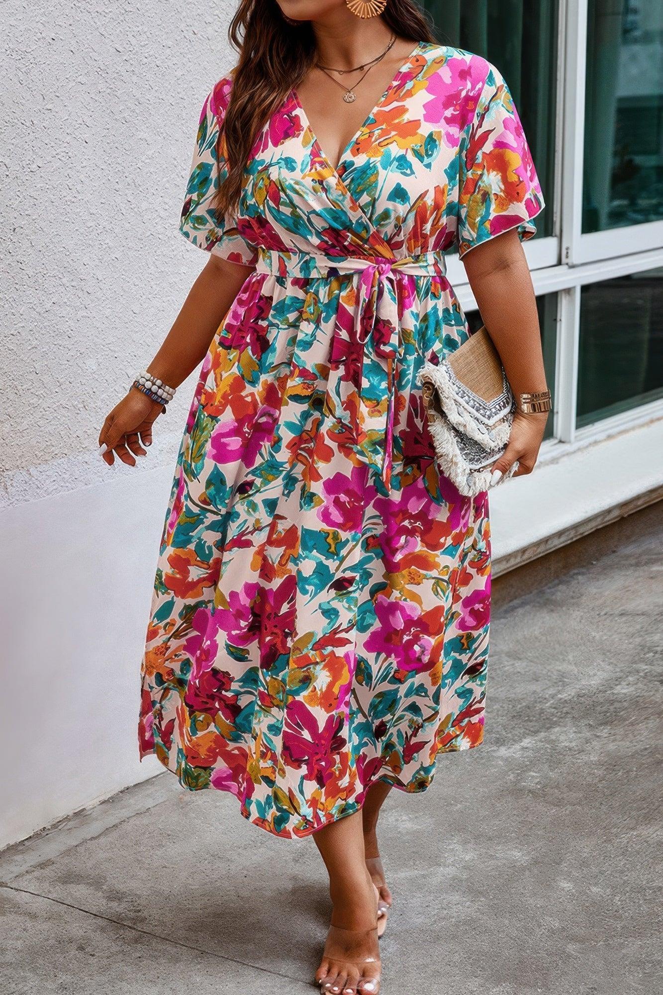 Plus Size Floral Print Cross Belt Fit Dress | Mixtshop LLC