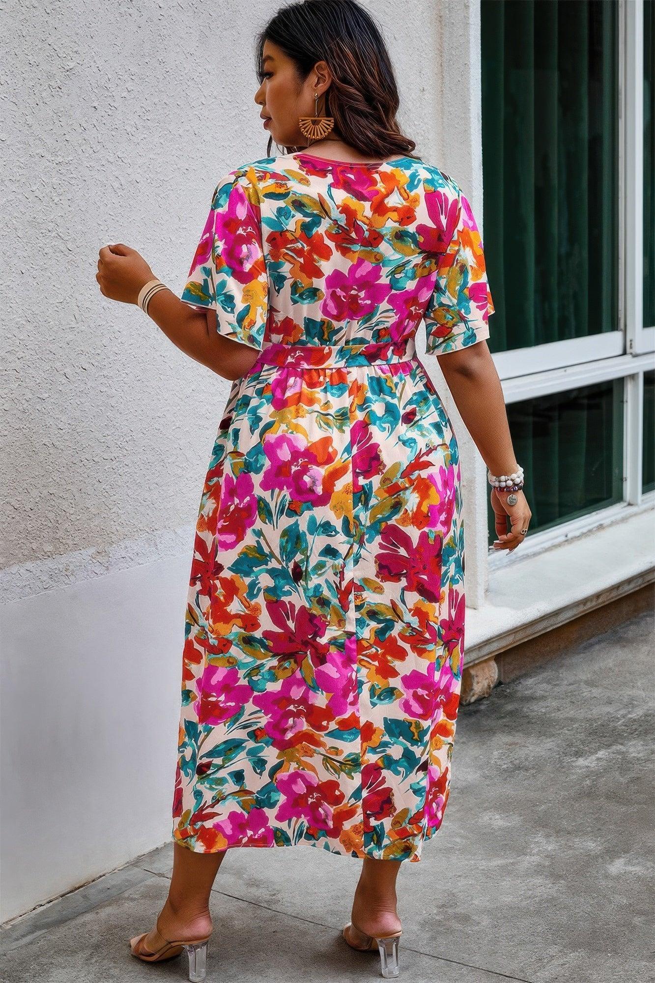 Plus Size Floral Print Cross Belt Fit Dress | Mixtshop LLC