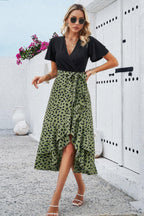 Cross Color Block Lace V Neck Belt Print Dress | Mixtshop LLC