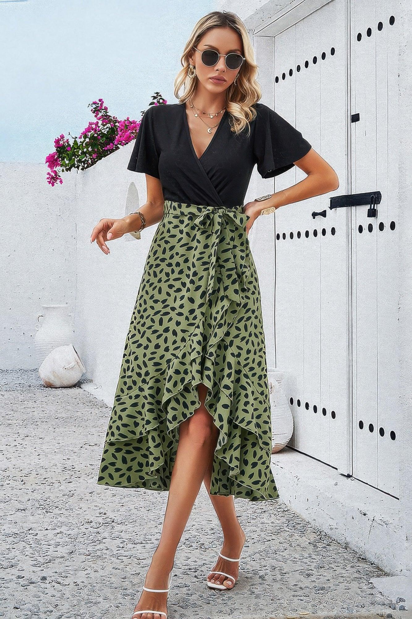 Cross Color Block Lace V Neck Belt Print Dress | Mixtshop LLC