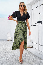 Cross Color Block Lace V Neck Belt Print Dress | Mixtshop LLC