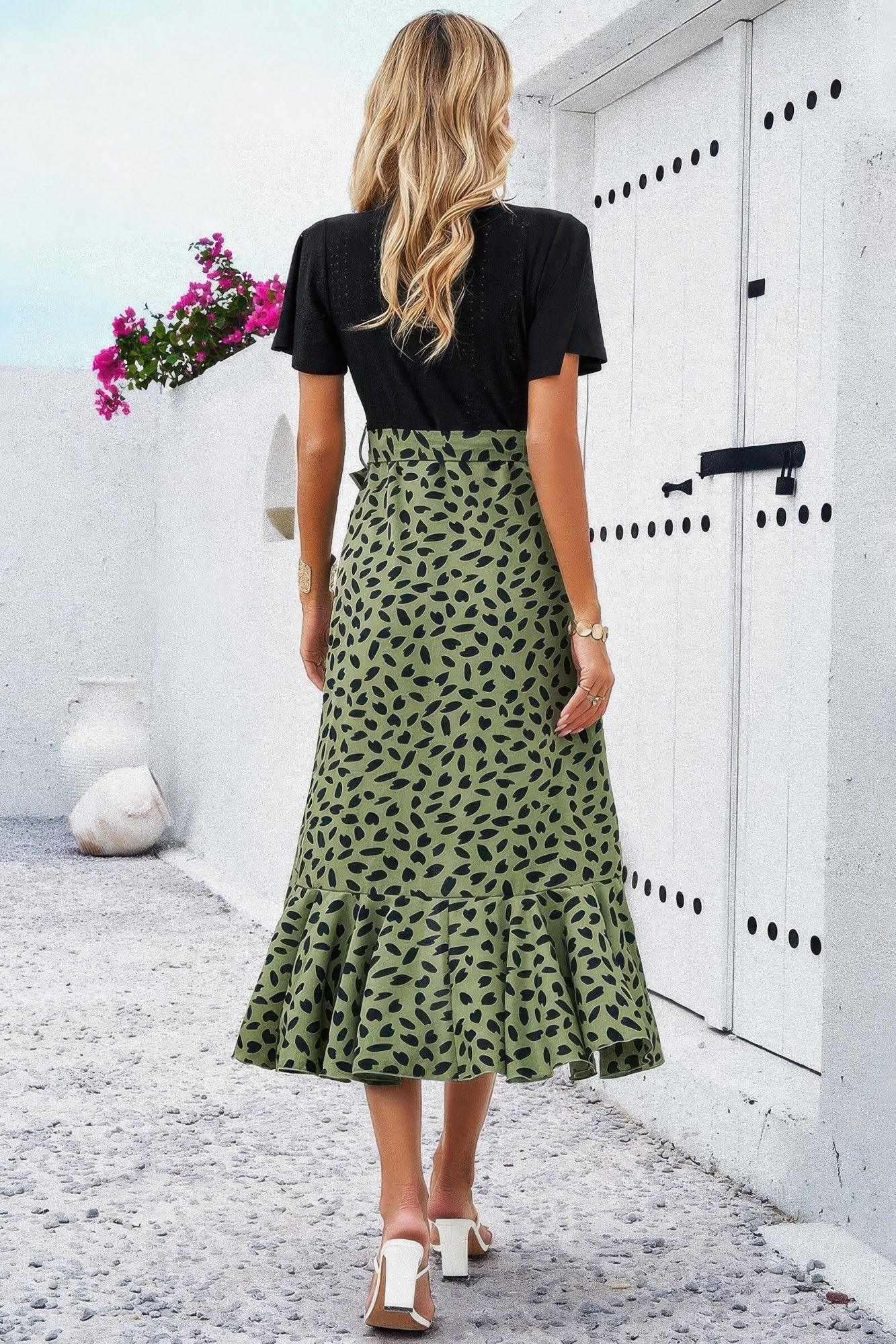 Cross Color Block Lace V Neck Belt Print Dress | Mixtshop LLC