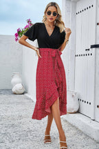 Cross Color Block Lace V Neck Belt Print Dress | Mixtshop LLC