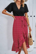 Cross Color Block Lace V Neck Belt Print Dress | Mixtshop LLC